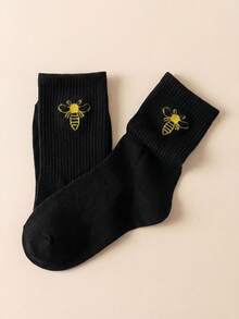 1/2 Pair Women Black Bee Ribbed Breathable Moisture-Wicking Casual Mid-Calf Socks, Suitable For Commuting And Home Wear - Multicolor - View 5