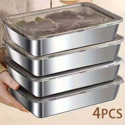 4-Piece Stainless Steel Food Storage Box - Includes Free Lid, Durable Baking Tray, Reusable, Suitable For Picnicking, Meal Preparation, Refrigerator Storage, And Kitchen Essentials | Easy To Clean, Stackable