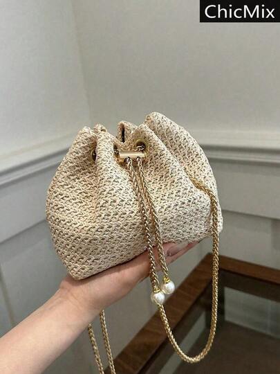 Fashion Solid Color Hollow Out Woven Chain Drawstring Mini Crossbody Bucket Bag , Small Bags , Beach Bag