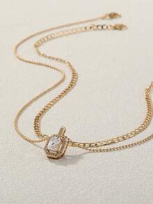 Nooxian 2件套多层镀金时尚设计微镶嵌立方氧化锆吊坠铜珠链项链套装，女士珠宝 - 金黃色 - 查看 4