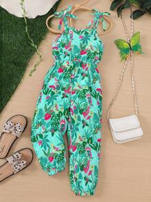 Young Girls' Summer Vacation Tropical Rainforest Leaf Print Jumpsuit With Bowknot Strap - Green - View 1