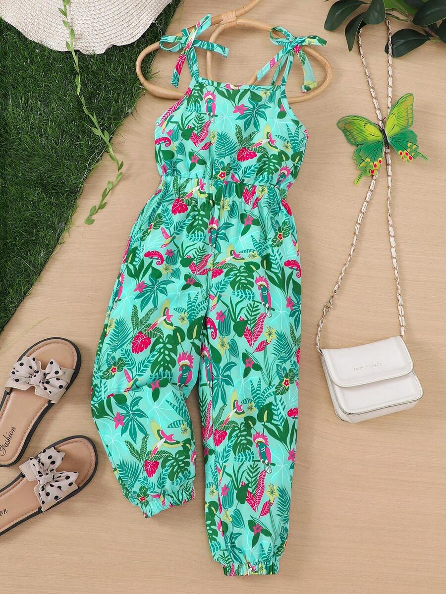 Young Girls' Summer Vacation Tropical Rainforest Leaf Print Jumpsuit With Bowknot Strap - Green - View 1