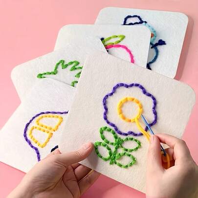 8 piezas Kit de herramientas de costura para principiantes, el set inicial incluye agujas de plástico, hilo, tablero de costura DIY, kit de costura para niños, set de fieltro para niños, útil para desarrollar las habilidades motoras finas de los niños