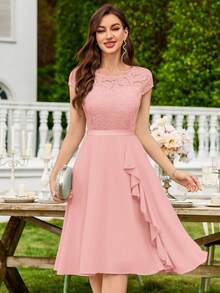 MIUSOL Elegant Solid Color Lace Patchwork Ruffle Hem Cocktail Party Dress Wedding Pink Spring - Pink - View 2
