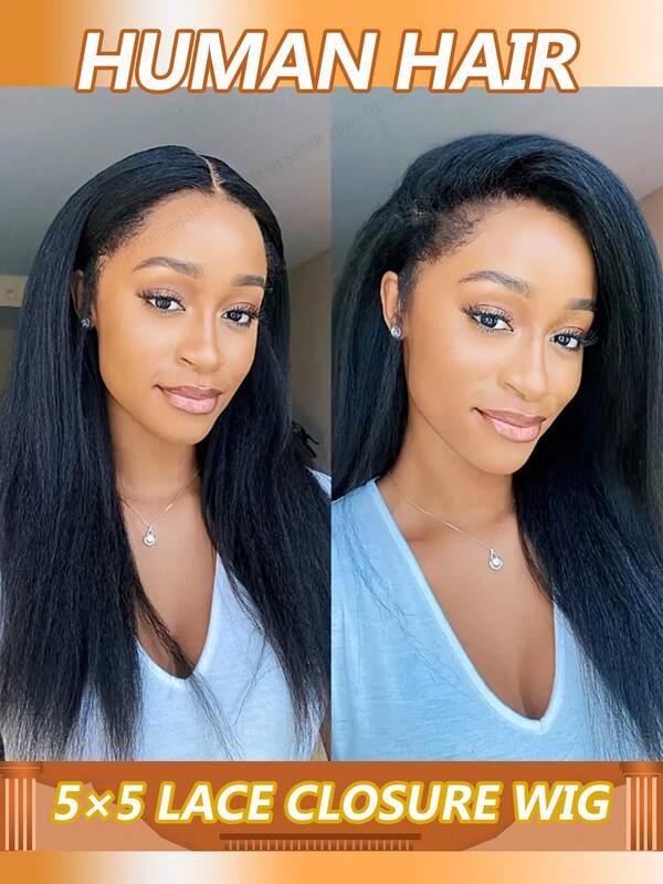 Kinky Straight Human Hair Wigs 5*5 Lace Closure Wig Human Hair For Beginners Yaki Straight Lace Front Wig Remy Hair 180% Density