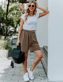 Women's Sweat Shorts Bermuda Long Shorts Athletic Casual Loose Shorts (Available In Plus Size) - màu nâu - Xem 6