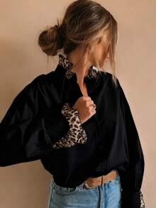 1pc Leopard Print & Solid Polyester Button Front Splice Collar Blouse, Suitable For Daily Wear And Festivals, Spring, Summer, Autumn Black - Black - View 4