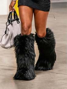 Women Fashionable Fluffy Winter Christmas Furry Long Boots Pull-On Faux Fur Round Toe Boots Warm Boots Outdoor Flat Shoes Party Casual Winter Fall Boots - 黑色A - 查看 7