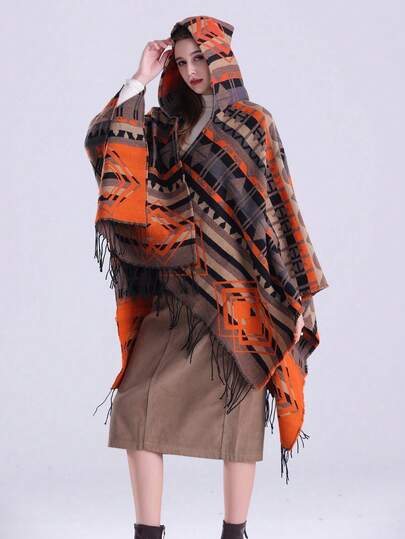 1pc Geometric Pattern Striped Fringe Hooded Poncho Shawl