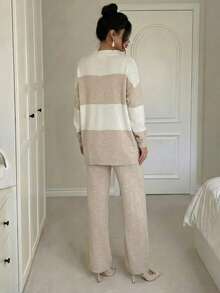 Women's Non-Stretch Rib-Knit High Neck Sweater And Pants Co-Ord With Drop Shoulder Sleeves - Champagne - View 2