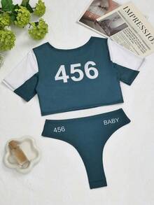 Quà tặng Giáng sinh cho phụ nữ, Trang phục bóng đá gợi cảm, Áo cổ tròn tay ngắn màu tương phản + Bộ quần lót - Màu xanh lá cây đậm - Xem 3