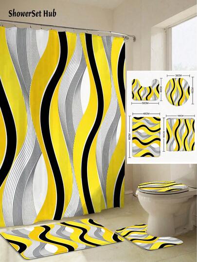 1/3/4pcs Yellow Black Grey Wavy Stripes Shower Curtain Bathroom Sets,Modern Abstract Waterproof And Wear-Resistant Accessories,With 12 Hooks - Includes Toilet Seat Cover, Bath Mats, And Rugs - Plastic Fabric - Washable,Mildew-Resistant - Perfect For Holiday Decor,Home/Bedroom/House/Western/Spring Decor,