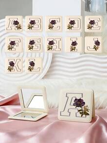 1个Y2K风格英文字母系列便携式化妆镜，可折叠轻巧便携，全皮材质，适合各种场合，可折叠方形口袋镜，复古花卉3D英文字母印花设计，180°翻盖，多功能 - 彩色 - 查看 1