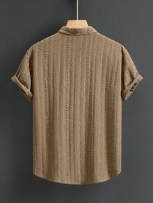 男士短袖衬衫，商务休闲，夏季新款，纯棕色镂空 - 棕色 - 查看 3