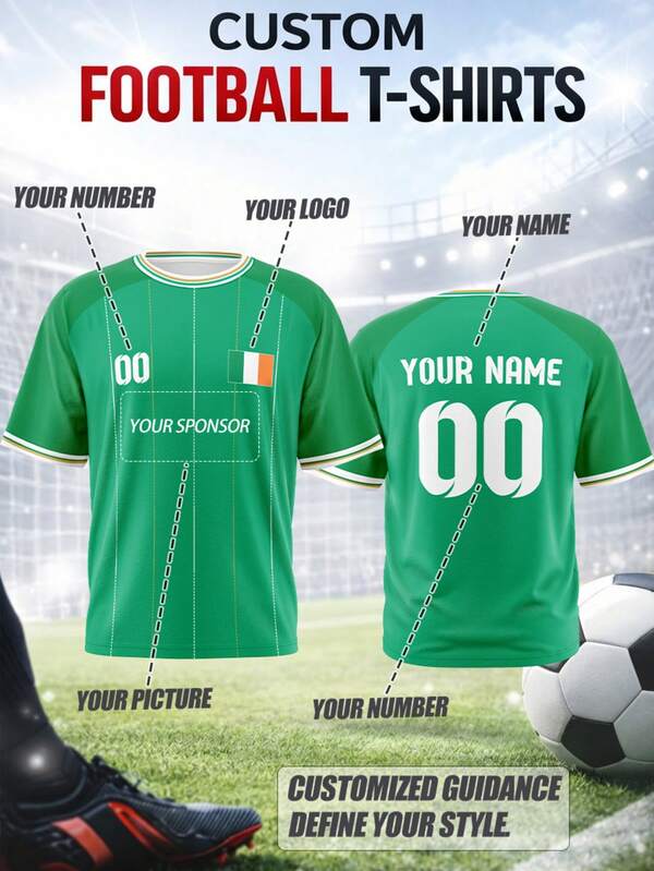 Customizable Plus Size Men's Soccer Jersey - Includes Your Name, Number, Logo, Team Or Sponsor. Ireland Design, Breathable Quick-Dry Fabric, Suitable For Team Matches, Training, Sports, Casual Wear, Cheering, Gifts. Fashionable For Spring/Summer Soccer Season
