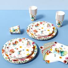 Fairy Flower Disposable Plate, Napkin, Cup Set, Plates, Napkins And Cups Party Supplies, Serves 8 Guests, Disposable Paper Plates Party Tableware Suitable For Birthday, Wedding, Theme Party, Family Picnic - Multicolor - View 5