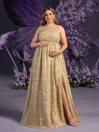 Faeriesty Elegant Maternity Plus Size Sleeveless One Shoulder Maxi Party Gown For Women | Shimmering Sequin Fabric With High-Density Glitter, Perfect For Spring Weddings, Mother's Day Celebrations, Baby Shower Events, Garden Parties, Formal Galas