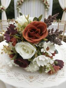 1件新娘伴娘捧花，人造金色玫瑰花束，婚礼派对装饰礼品 - 酒紅橙色 - 查看 5