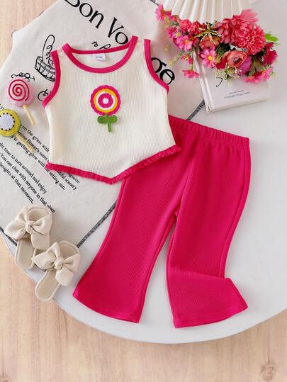 2pcs Baby Girl Bohemian Style Floral Embroidered Waffle Patchwork Sleeveless Crop Top And Solid Waffle Texture Casual Flare Pants Set