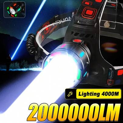 Projecteur haute puissance à longue portée, lampe frontale LED télescopique à zoom, lampe de poche pour la pêche et le camping