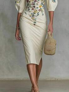 Womens Off The Shoulder Midi Dress Floral Print  Puff Sleeve Slim Fit Cocktail Dress - Beige - View 3