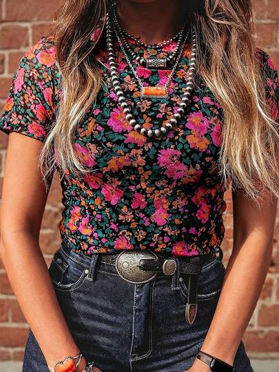 Acelitt Women's Vintage Rose Print Mesh Fitted Casual Round Neck Short Sleeve Top, Summer Vacation