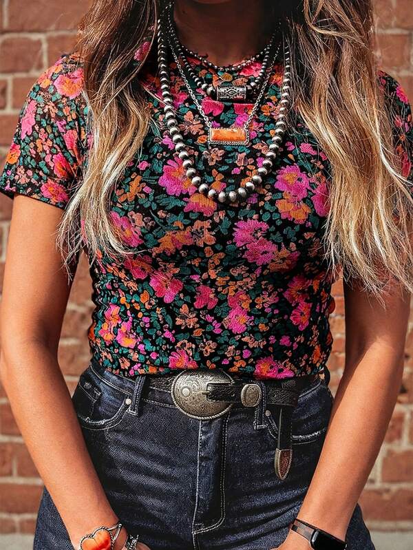 Acelitt Women's Vintage Rose Print Mesh Fitted Casual Round Neck Short Sleeve Top, Summer Vacation