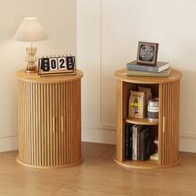 Round Fluted Nightstand, Mid Century Modern Tall Side Table With Storage, End Table With Sliding Tambour Doors, Adjustable Shelf, Small Wood Bedside Table For Bedroom,Living Room,Office - Mustard Yellow - View 9