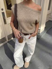 Áo thun nữ dệt kim gân, cổ lệch vai, dáng dài vừa phải, kiểu dáng rộng rãi, thích hợp cho đi làm hàng ngày, đi nghỉ mát, đa năng và thoải mái, thuộc bộ sưu tập Xuân/Hè 2026. - Màu Khaki - Xem 2