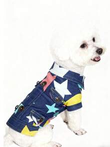 1pc Pet Clothes, Star Denim Effect Shirt, Colorful Star Denim Effect, Casual Stylish Fashion, Personalized, Suitable For Medium/Small Dogs Like Teddy, Poodle, Corgi, Dachshund, Anti-Shedding, Unique Design - Blue - View 4