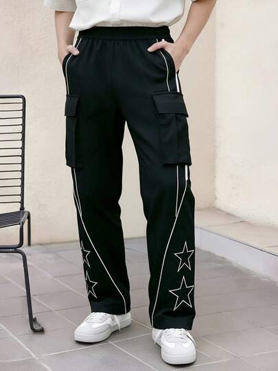 Men's Outdoor Sports Cargo Pants, Fashionable Casual Long Trousers With Stylish Patchwork & Printed Design, Suitable For Spring And Summer