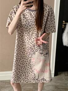 Women's Asymmetric Leopard Print Cat Pattern Round Neck Nightgown, Loose Short Sleeve Pajamas - Pink - View 7