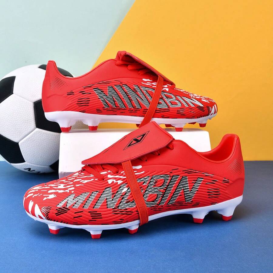 MINGBIN 1 Par de Chuteiras de Futebol Unissex, Chuteiras de Treinamento e Jogo em Grama Natural ao Ar Livre de Cano Baixo, Chuteiras de Futebol Americano Juvenil, Calçados Esportivos Profissionais, Cadarço Frontal em PU com Travas Longas AG/FG - Vermelho - Visão 1