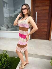 Women's Knitted Beach Cover-Up Colorful Short Dress Beach Outfit - 乾枯玫瑰色 - 查看 3