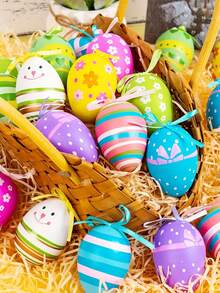 24个/12个复活节树挂饰，彩色塑料复活节彩蛋挂饰，手绘复活节彩蛋树挂饰，篮子DIY工艺品，复活节派对礼物，手工树挂饰，复活节彩蛋节日及派对装饰品 - 彩色 - 查看 5