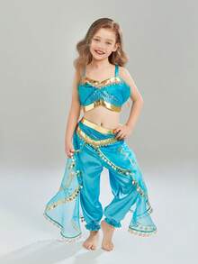 Conjunto de top y pantalones de moda para niña para fiesta - Azul - Ver 3