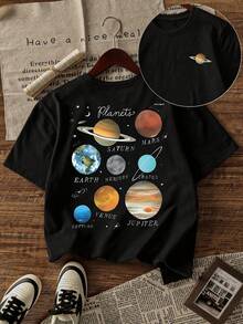 男童休闲星球印花圆领短袖T恤，夏季学生童装 - 黑色 - 查看 3