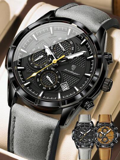 POEDAGAR 1件男士时尚休闲石英日历计时腕表，PU皮表带，防水夜光，适合日常佩戴，男士礼物