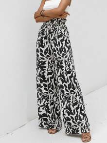 女士波西米亚风花卉叶子印花高腰褶皱阔腿沙滩裤，适合度假春季穿着，黑色 - 黑色 - 查看 6