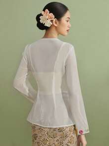 Nyonya Kebaya，女士 Kebaya，传统土生华人服装，优雅土生华人连衣裙，时尚刺绣长袖衬衫夹克，白色衬衫，开斋节衣服，开斋节 - 白色 - 查看 2