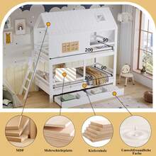 Våningssäng för barn med charmiga fönster och tak, en stadig ribbotten och stege, plus två stora lådor. Furu + MDF + plywood, vit + naturfärgad, 90 x 200 cm - Vitt - Visa 5