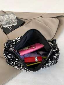 Women Silver Sequin Shoulder Bags Zipper Closure Underarm Handbag Solid Color Tote Handbag For Wedding Prom Parties Travel - A - View 7