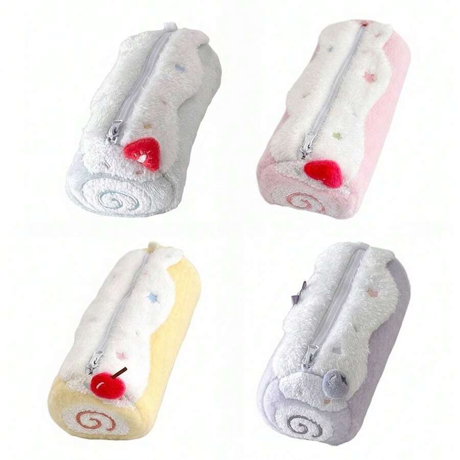 Plush Blueberries/Strawberries/Cherries Swiss Roll Pen Bag Large Capacity Pencil Case Portable Stationery Pouch Storage Bag Students Gift - Multicolor - View 1