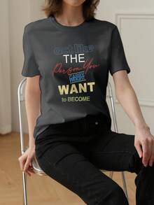 女式休闲宽松百搭舒适图案印花圆领 T 恤上衣 - 深灰色 - 查看 4