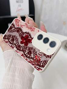 1pc Fashion Red Lace Slogan & Flower Pattern Litchi Texture Anti-Drop Anti-Slip Soft Phone Case Protective Cover Compatible With Apple, Phones - Multicolor - View 3