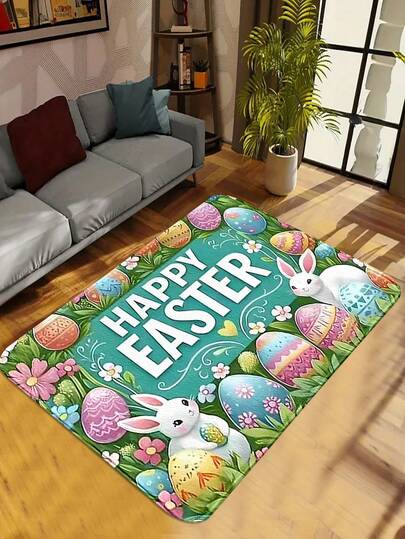 1pc Easter Bunny Pattern Doormat, Soft Faux Wool Machine Washable Non-Slip Long Runner Rug, Plush Small Area Rug, Living Room Carpet, Suitable For Bathroom Bedroom Kitchen Entryway Window, Housewarming Wedding Gift, Holiday Decor, Multiple Sizes Available (62.99*70.87inch)