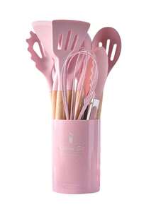 Meoky 12pcs Wooden Handle Silicone Kitchen Utensil Set, Heat Resistant Non-Stick Cooking & Baking Tools, Suitable For Kitchen - Pink - Regular - View 8