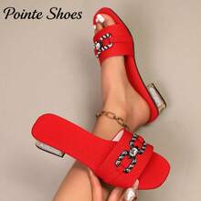 Sandales à talons hauts confortables à bout ouvert avec décoration de strass, convenant pour le port quotidien. Idéales pour Noël, les séances photo, les courses, l'été - Rouge - Voir 1