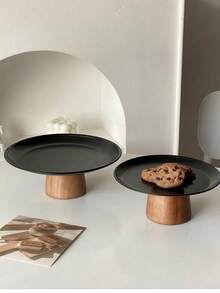 1 pièce Présentoir à gâteau en acier inoxydable avec base en bois, assiette de présentation de desserts, plateau multifonctionnel pour fruits, convient pour la décoration de table à manger, service à la maison et en cuisine, utilisation pendant le Ramadan - Noir - Voir 8