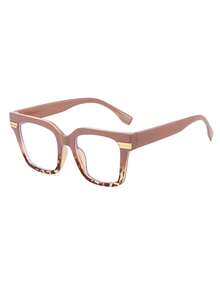 1 Pair Women's Retro Contrast Color Square PC Frame Glasses, Boba Tea Top & Leopard Print Bottom, Fashionable & Personalized - Multicolor - View 2
